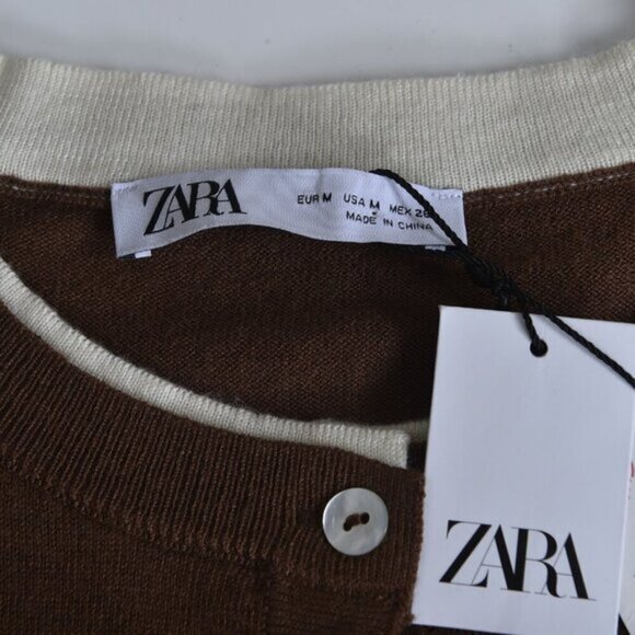 NWT Zara Contrast Trim Knit Cardigan Sweater Brown Long Sleeve Size Medium - Picture 9 of 12